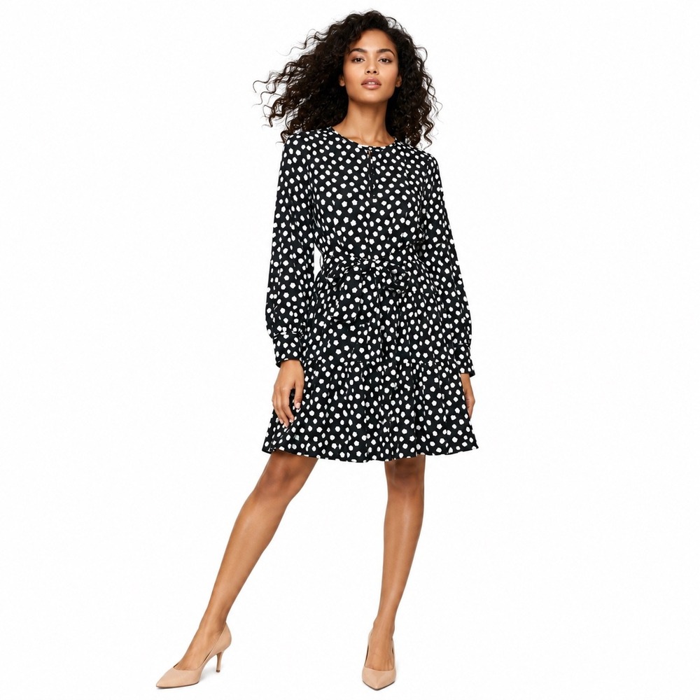 Kate Spade NY Women Black White Polka Dot Belted Tiered Dress M Cocktail Retro